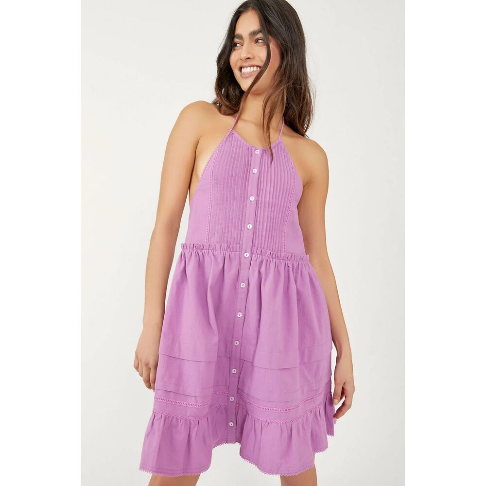 Free People Desert Days Halter Mini Dress  Dramatic Orchid Size M 100% Cotton